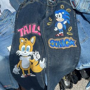 DKNY Denim hand painted sonic and tails design pants